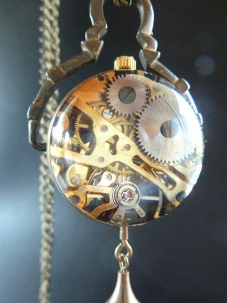 Antique Style Ornate Steampunk Glass Dome Mechanical Pocket Watch Necklace