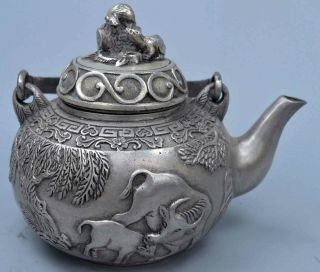 Collectable Old Handwork Miao Silver Carve Cow Willow Tree Mice Lid Decor Teapot