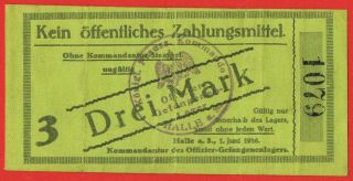 Wwi German Pow Camp Halle Printed On Linen 1 Mark 1916 -