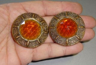 Pr Antique Large Buttons Brass Settings With Glass Jewel Centers Amber 1 3/4 "