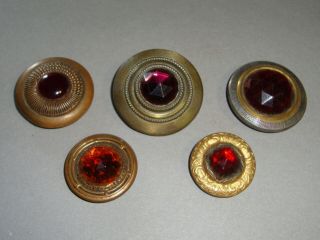 5 Antique Large Buttons Brass Settings With Glass Jewel Centers