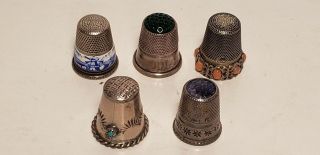 5 Old Thimbles - For Sewing - Silver - Sterling - Enamel - Stones - Nr