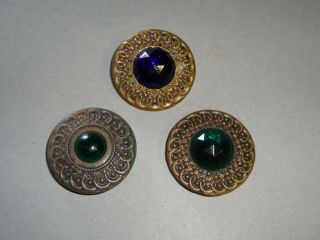 3 Antique Large Buttons Brass Settings With Green & Amethyst Glass Jewels 1 1/2 "