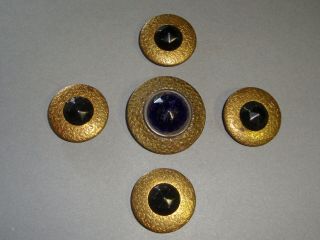 Antique Large Buttons Brass Settings With Glass Jewels Cobalt Blue And Black