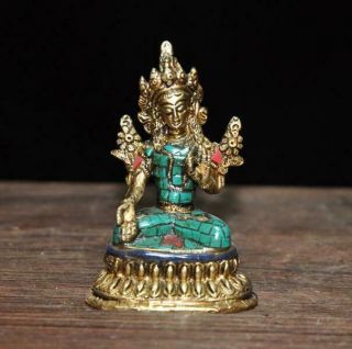 China Collect Old Tibet Copper Inlay Matsuishi Green Tara Buddha Statue