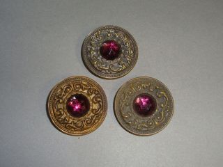 3 Antique Large Buttons Brass Settings With Amethyst Glass Jewels 1 1/2 "