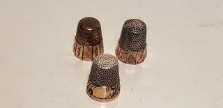 3 Old Thimbles - For Sewing - Gold Plated - Sterling Silver - Etched - Mono - Nr