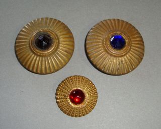 Antique Large Ribbed Buttons Brass Settings With Glass Jewels