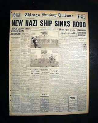 Nazi Battleship Bismarck Sinks Hms Hood Royal Navy 1941 World War Ii Newspaper