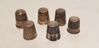 6 Old Thimbles - For Sewing - Sterling Silver - Etched - Houses - Flowers - 1 Ozt - Nr