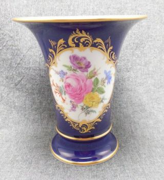 Antique Meissen Porcelain Gilt Floral Gold Gilt Trumpet Vase Urn - Cobalt 6.  5 "