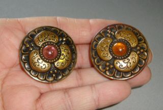 Antique Pr Large Button Brass Setting With Amethyst & Amber Glass Jewels 1 1/2 "