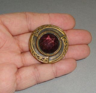 Antique Large Button Brass Setting With Amethyst Glass Jewel 1 1/2 "
