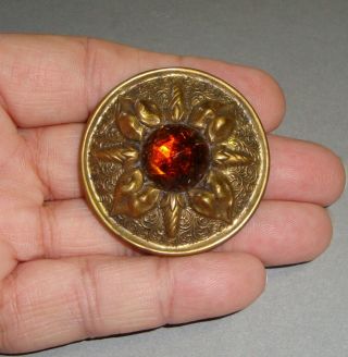 Antique Large Button Brass Setting With Amber Glass Jewel 1 3/4 "