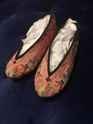 Vintage Chinese Embroidered Floral Silk Slippers/shoes With Leather Soles