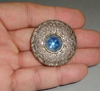 Antique Large Button Silvered Brass Setting With Blue Glass Jewel 1 7/8 "