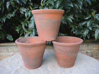 3 Old Hand Thrown Terracotta Plant Pots 6.  75 " Diameter (217b)