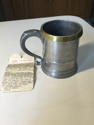 Antique English Pub Pewter & Brass Pint Mug Tankard.  Circa 1850.  By Blake London