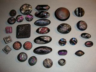 Antique Buttons Black Glass Painted Like Fabrics