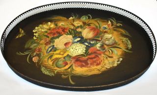 Vintage,  Large,  Toleware Tray - Hand Painted,  SIGNED - High,  Pierced Rail/Galley 5