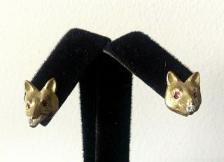 Tiffany&co 18k Gold Fox Earrings W/ruby Eyes,  Diamond In Mouth 6.  26g