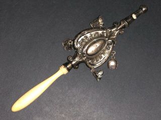 Fine Antique Solid Silver Carved Baby Rattle Whistle