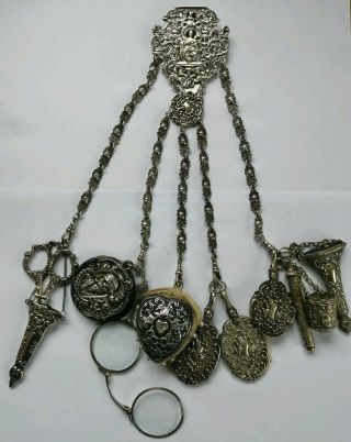 Antique Victorian Sewing Items Silver - Plated Chatelaine