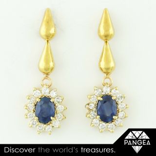 Vintage Estate 18k Solid Yellow Gold Diamond Sapphire Drop Dangle Earrings 1.  25 "
