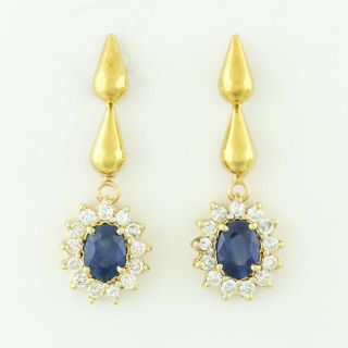 Vintage Estate 18k Solid Yellow Gold Diamond Sapphire Drop Dangle Earrings 1.  25 