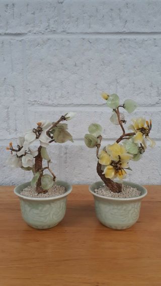 Chinese Glass/jade Bonsai Plants X 2 In Celadon Pots.  White & Yellow.  H 20cm.