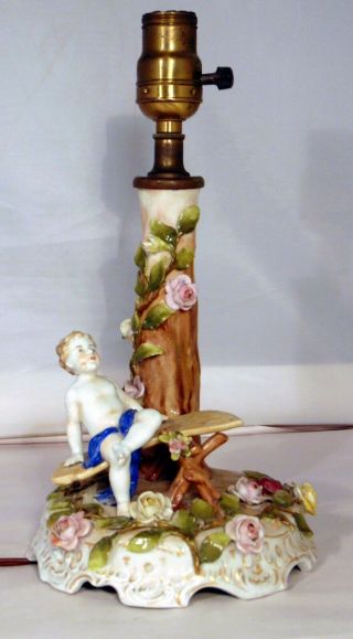 Von Schierholz German Dresden Porcelain Table Lamp Cherub Putti Figurine