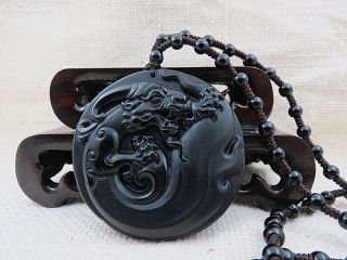 Chinese Natural Obsidian Carved Dragon Jade Pendant Necklace Dragon