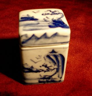 Chinese Blue And White Porcelain Box With Lid.  Signed