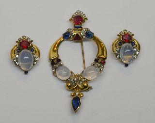 Trifari 1945 Jewels Of Tanjore Moonstone Blue Cab Brooch And Earrings