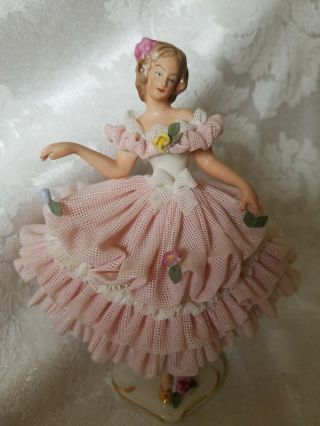 Vintage Dresden Lace Figurine Girl In Pink 6 Inches Tall
