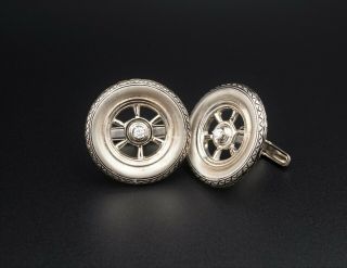 Custom Jerry Lewis Owned 14k White Gold Antique Racing Wheel Tire Cufflinks M850