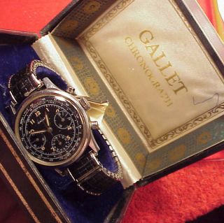Vintage Gallet 37mm Chronograph 3 Dial Valjoux 72 Wristwatch Boxed Running