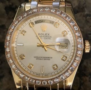 Mens Rolex Solid 18k Yellow Gold Day Date President W/diamond Dial & Bezel 18038