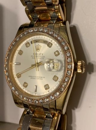 Mens Rolex Solid 18k Yellow Gold Day Date President W/diamond Dial & Bezel 18038 2