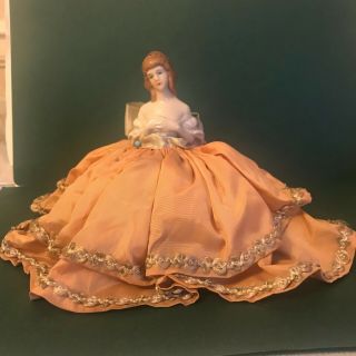 Antique German Porcelain Half Doll Pin Cushion Dress