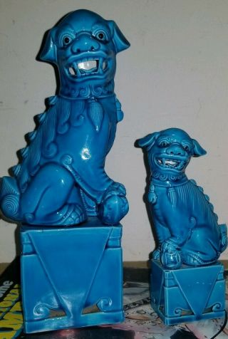 Pair Vintage Chinese Turquoise Porcelain Foo Dogs Statues Temple Guarding Lion