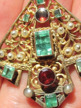 Antique 19thc Austro Hungarian Silver Emerald Garnet Pearl Pendant