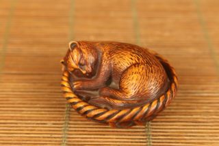 Unique Japanese Old Boxwod Hand Carved Basket Cat Sleep Statue Netsuke Pendant