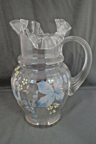 Antique Circa 1907 Fenton Glass Ribbed Enamel Flowers Water Pitcher