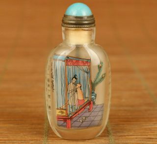 Mini Antique Chinese Old Glass Hand Painting Belle Art Statue Snuff Bottle Gift