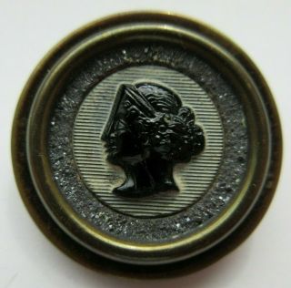 Antique Vtg Victorian Black Glass In Metal Button Ladies Cameo (s)