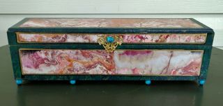 Wood Box Faux Lapidary Malachite & Marbled Papers Antique Empire Style Jewelry