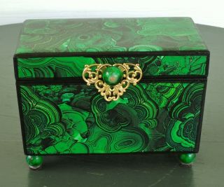 Wood Box Faux Malachite & Marbled Papers Antique French Empire Style Jewelry,