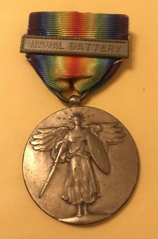 Military Medal Ww1 U.  S.  Navy Victory Medal “naval Battery” On Bar