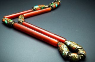 Rare Unusual Long Pyu Ancient Carnelian Silver Turquoise Red Croal Bead Necklace